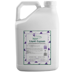 White plastic gallon container labeled 'Impact Liquid Gypsum' with a purple decorative border on the label.